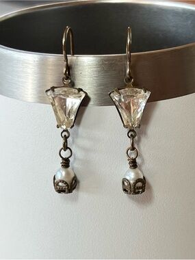 Vintage Deco Romantic 1920s Jewelry -  Clear Crystal and Pearl Drop Earring